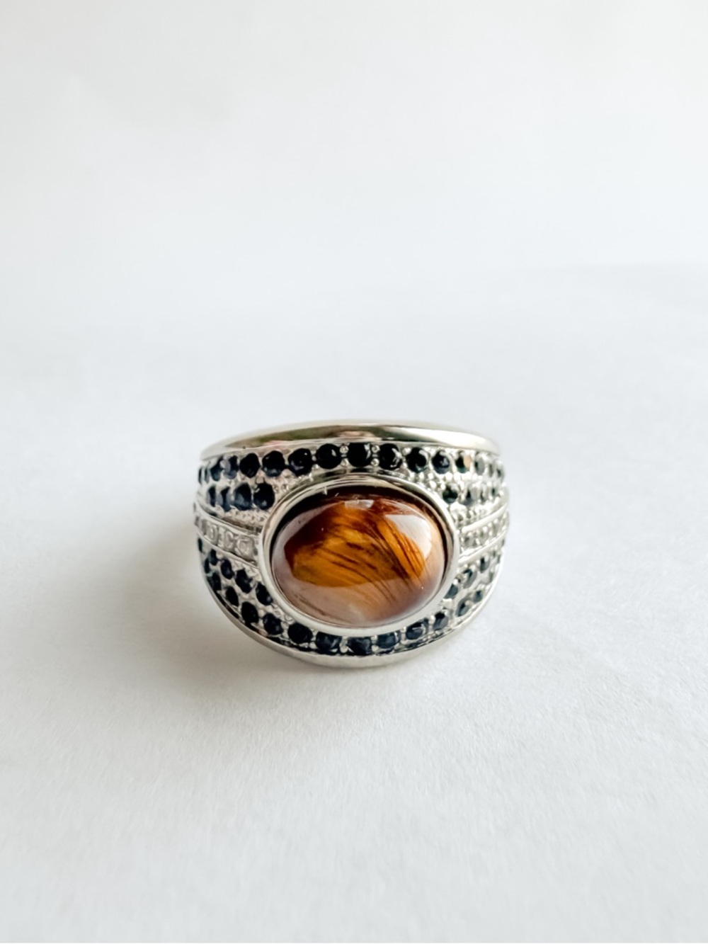 Bold Tiger's Eye Signet Ring | Surgical Steel, Black Spinel, CZ Accents
